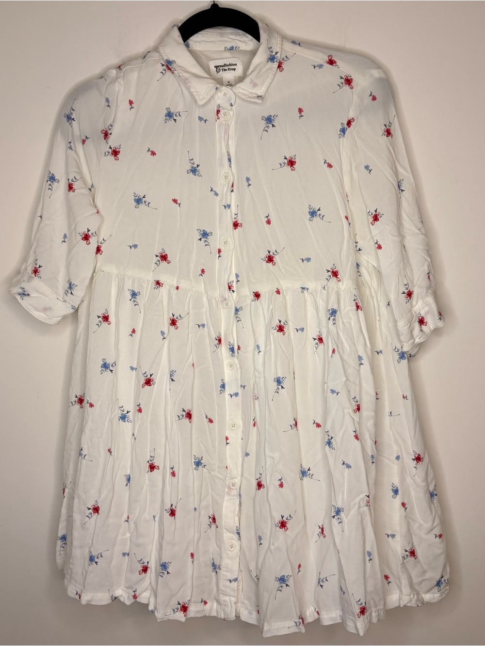 The Drop White Mini Loose Fit Button Down Dress Red & Blue Floral Print Size M
